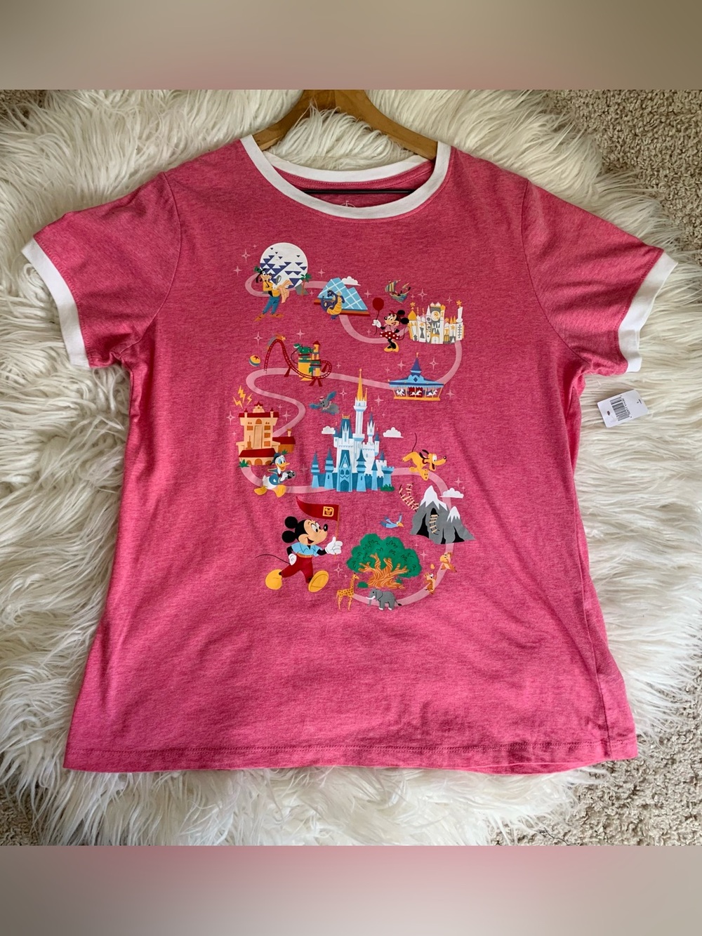 NWT Disney Walt Disney World Icons Ringer T-Shirt Pink White Size L